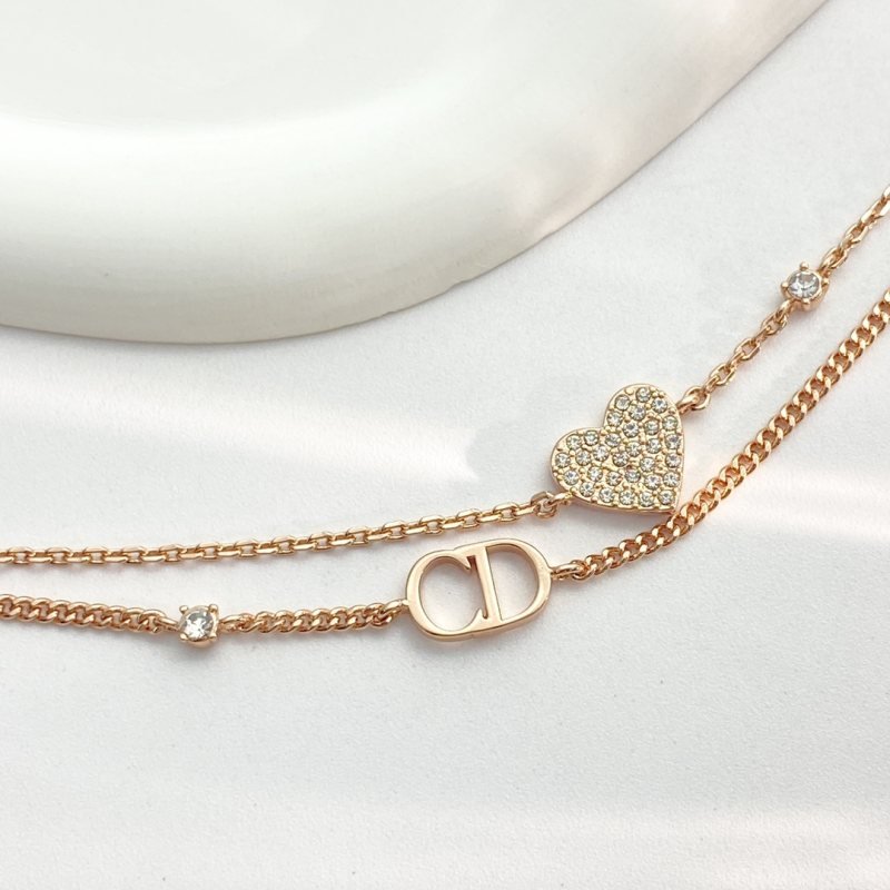 Dior CD Heart Crystal Double Chain Bracelet bracelet Rose gold metal with clear crystal accents 17cm with 3cm extender
