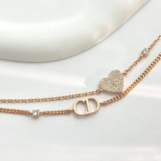 Dior CD Heart Crystal Double Chain Bracelet bracelet Rose gold metal with clear crystal accents 17cm with 3cm extender