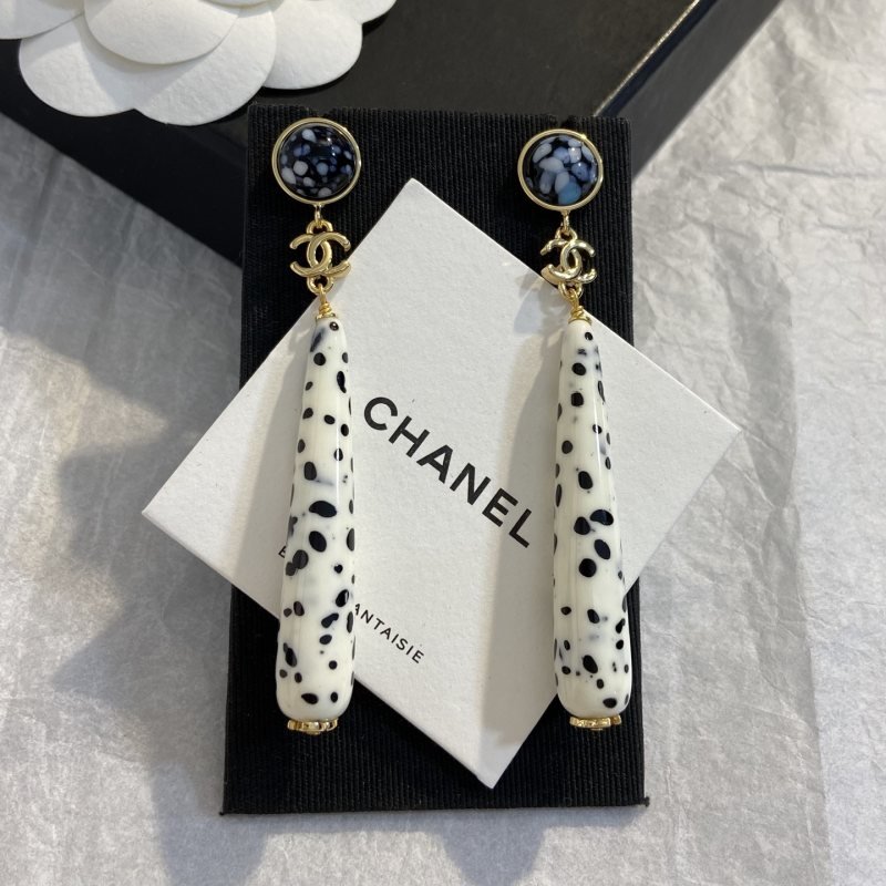 Chanel CC Logo Dalmatian Spot Long Drop Earrings earrings Gold tone metal cream white resin with black spots blue and black speckled cabochon stones 7cm total drop length