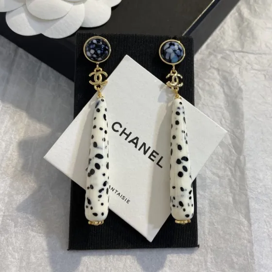 Chanel CC Logo Dalmatian Spot Long Drop Earrings earrings Gold tone metal cream white resin with black spots blue and black speckled cabochon stones 7cm total drop length