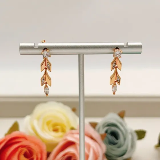 Tiffany Co Leaf Drop earrings Rose gold metal with clear faceted gemstones 2 5cm drop length