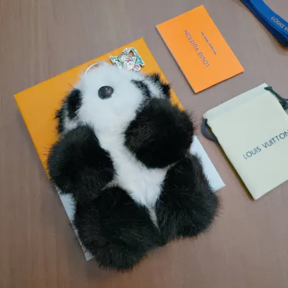 Louis Vuitton Anger Forest Panda Keychain Charm pendant gold-tone metal black and white faux fur multicolor enamel black resin eyes and nose 12cm total length