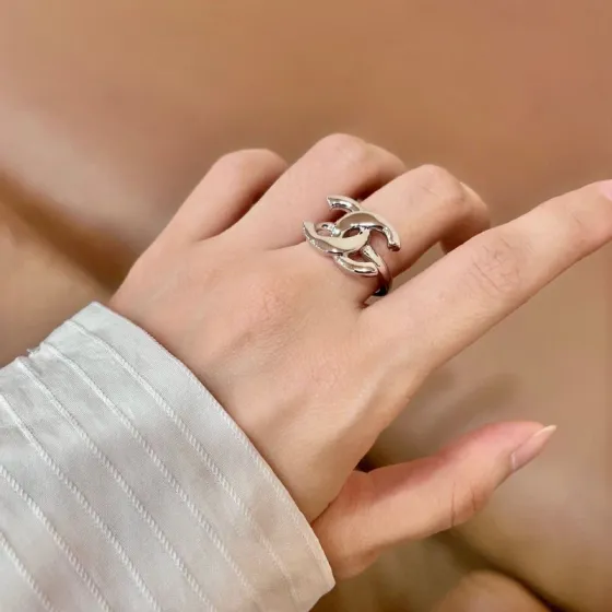 Chanel CC Logo ring silver tone metal no accent stones adjustable open band
