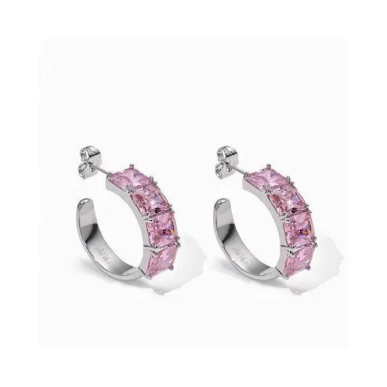 Celine Crystal Hoop Earrings earrings silver-toned metal with pink rectangular-cut crystals 20mm outer diameter