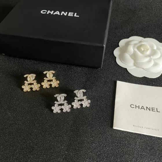 Chanel CC Logo Flower Drop Earrings earrings Silver-tone metal with clear crystal accents Gold-tone metal with clear crystal accents 1 5cm drop length