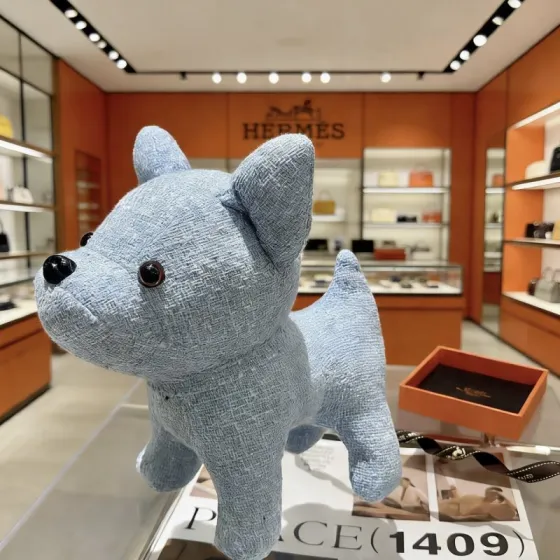 Hermes Buldog Plush brooch light blue fabric with black and brown plastic eyes 28cm