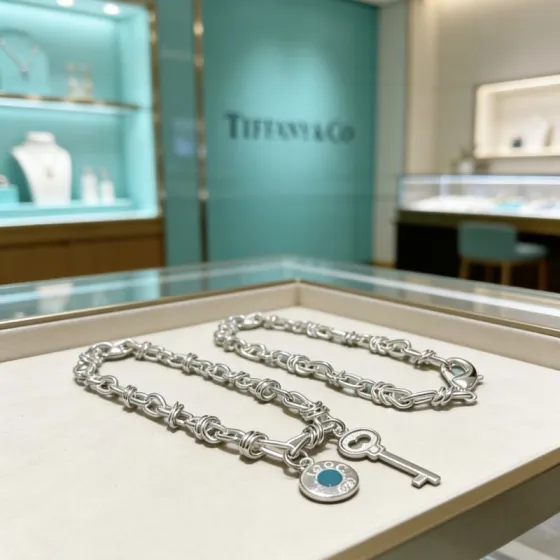 Tiffany Co Tiffany Keys necklace silver-toned metal with turquoise blue enamel accent and clear diamond pave on key charm 18 inches
