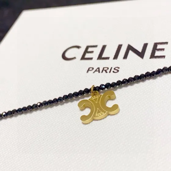 Celine Triomphe Skeleton Chic Beaded Necklace necklace Gold-tone metal with black faceted beads 16 inches choker length