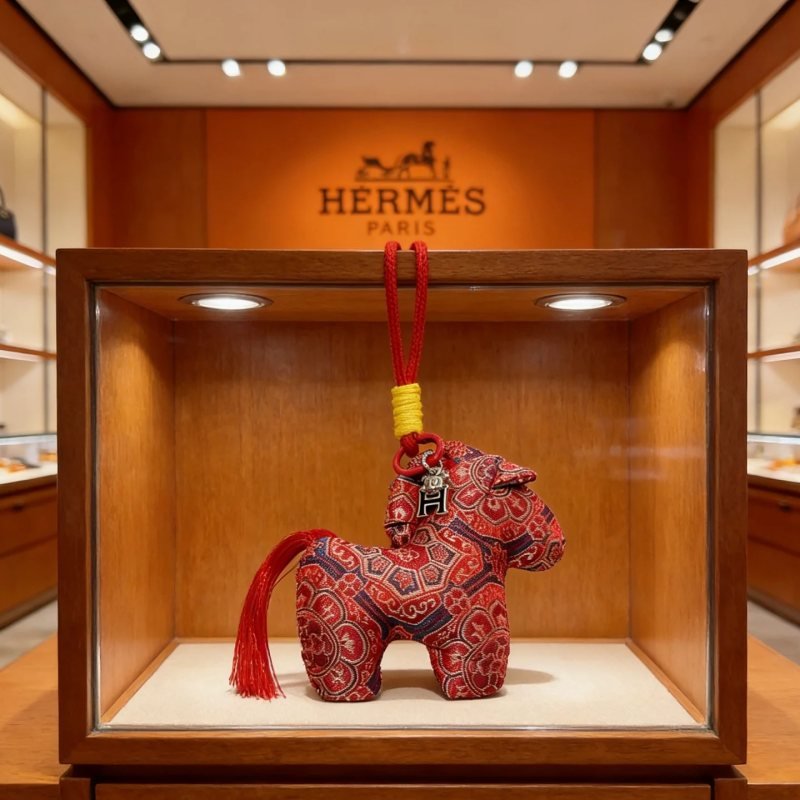 Hermes Rodeo Horse Charm pendant Red fabric with navy and gold traditional patterns red cord yellow cord wrap silver-tone H charm red tassel 8cm