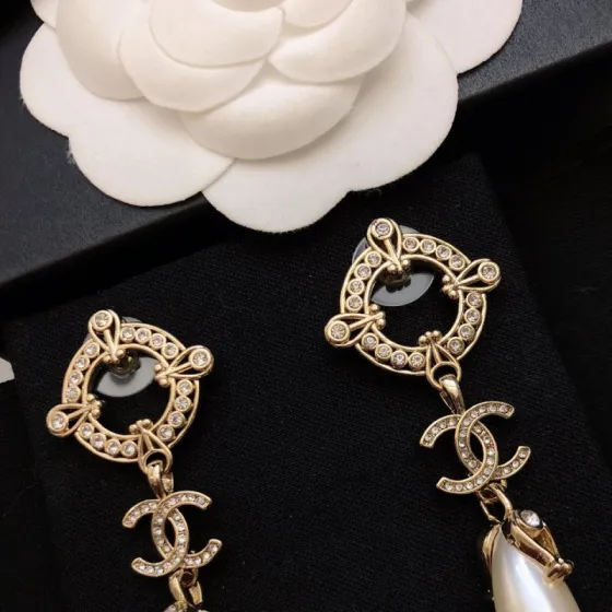 Chanel CC Logo Pearl Drop Earrings earrings Champagne gold metal clear crystal white pearl 4 5cm drop length