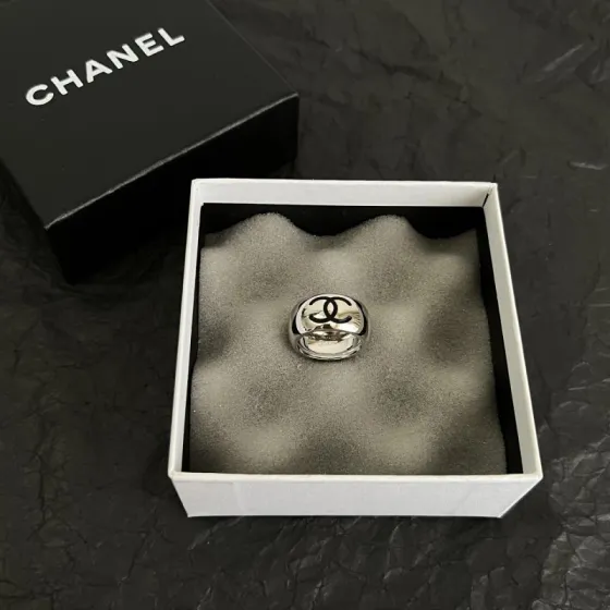 Chanel CC Logo Dome Ring ring Silver-tone metal with black enamel CC logo US 7