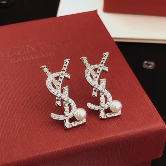 Saint Laurent YSL Monogram Stud Earrings earrings silver-toned metal with clear pave crystals and white pearl accents 2 5cm length
