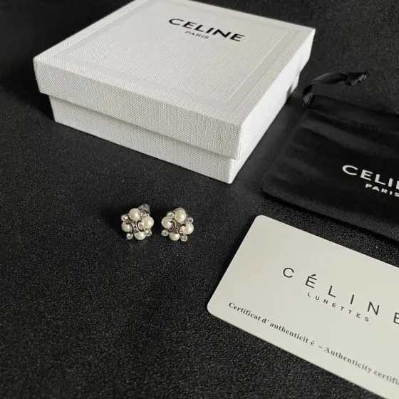 Celine Triomphe Pearl Cluster Stud Earrings earrings silver-toned metal white pearls clear crystal accents 1cm diameter