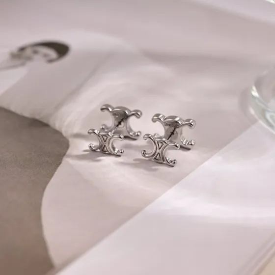 Celine Triomphe earrings silver-toned metal no accent stones 10mm stud diameter