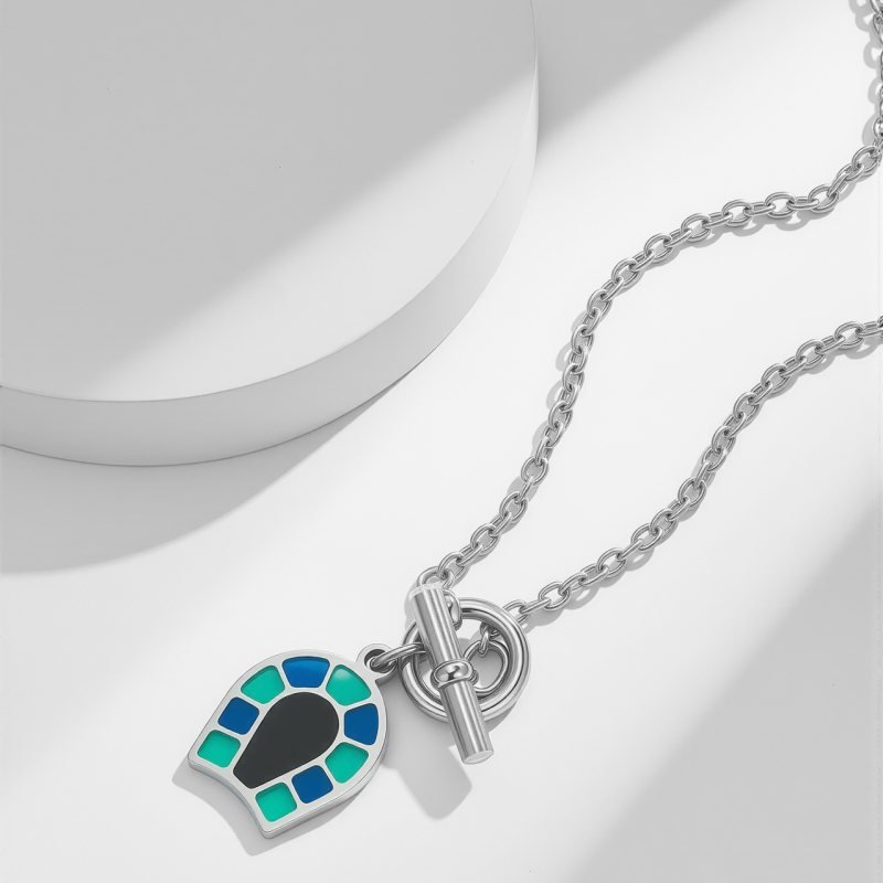 Hermes Horseshoe Enamel Toggle Pendant necklace Silver-toned metal with black teal and blue enamel inlay 40cm
