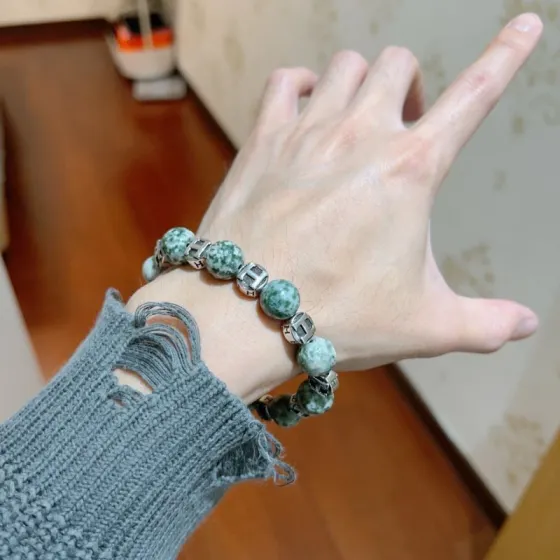 Hermes Anger Forest bracelet silver metal with green speckled natural stone beads 18cm