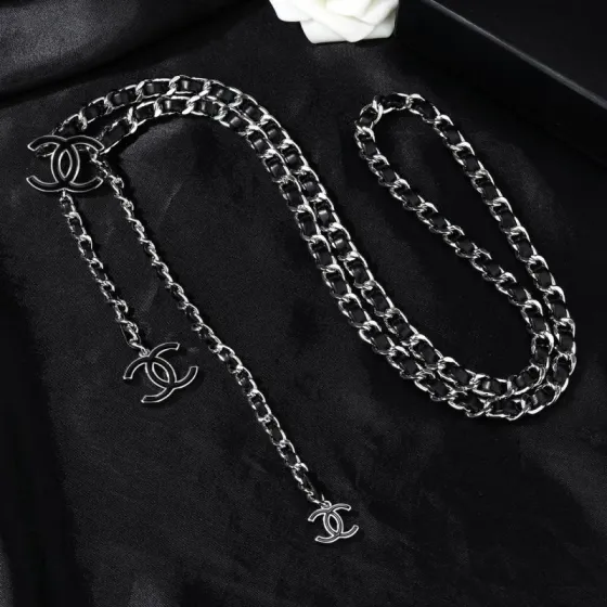 Chanel CC Logo Leather Woven Chain Lariat necklace Silver-tone metal with black leather and black enamel CC logos 80cm