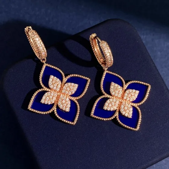 Roberto Coin Love in Verona Flower earrings 18k rose gold with diamond pave available variants royal blue lapis lazuli green malachite white mother-of-pearl 2 5cm drop length