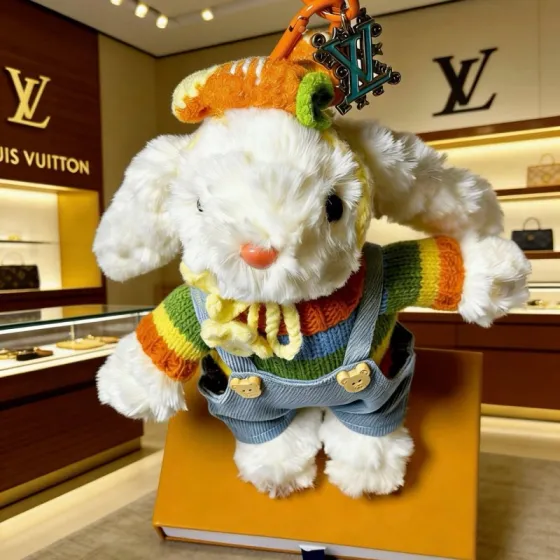 Louis Vuitton Anger Forest Bunny Plush Keychain pendant Orange and yellow cord strap silver-tone metal LV logo charm white plush bunny with multicolor knit sweater light blue denim overalls orange carrot hat 18cm total length