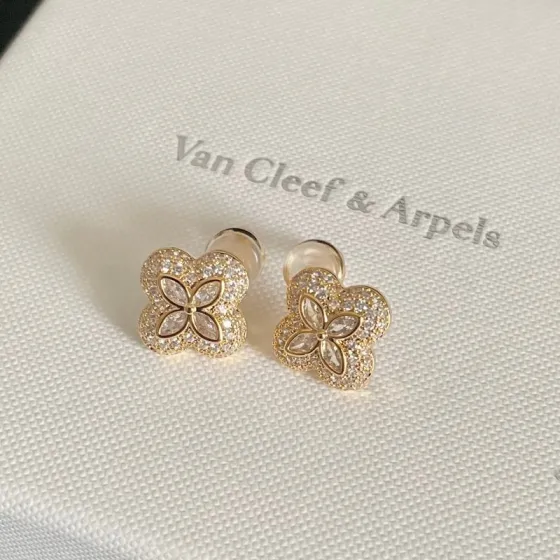 Van Cleef Arpels Alhambra earrings Yellow gold with clear diamond pave and marquise-cut diamond accents 10mm