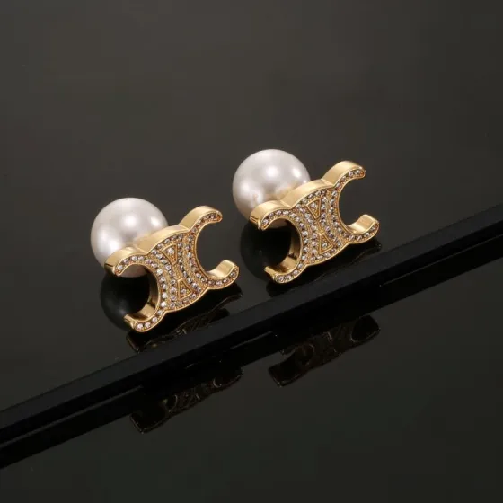 Celine Triomphe Pearl Stud Earrings earrings gold-tone metal clear crystal accents white pearl 1 5cm length