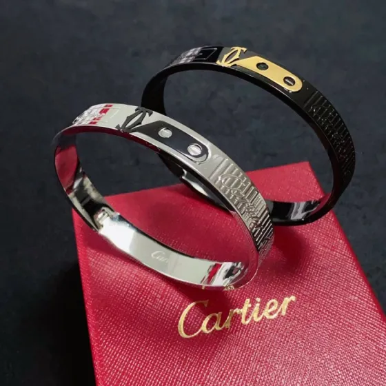 Cartier Love C de Cartier Decor Motif Bangle bracelet Multiple colorways silver-tone with black and red accents black with gold accents blue with gold accents rose gold-tone with black accents yellow gold-tone with black accents all with polished metal finishes and black enamel decorative details 21cm