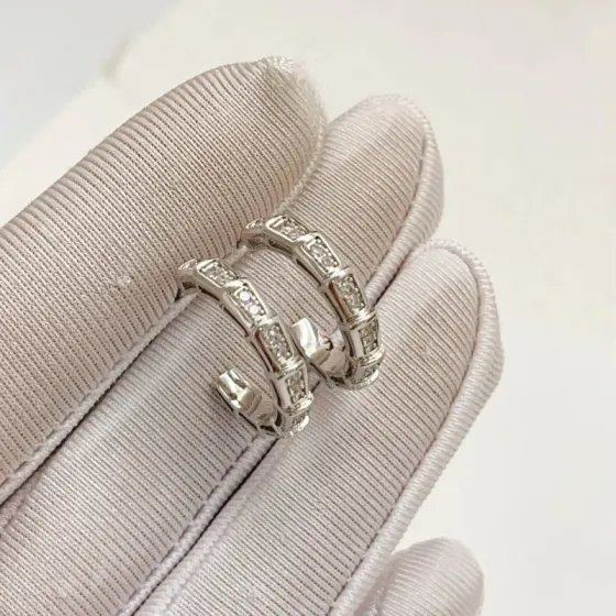 Bvlgari Serpenti Viper earrings silver-toned white gold with clear pave diamonds 15mm outer hoop diameter