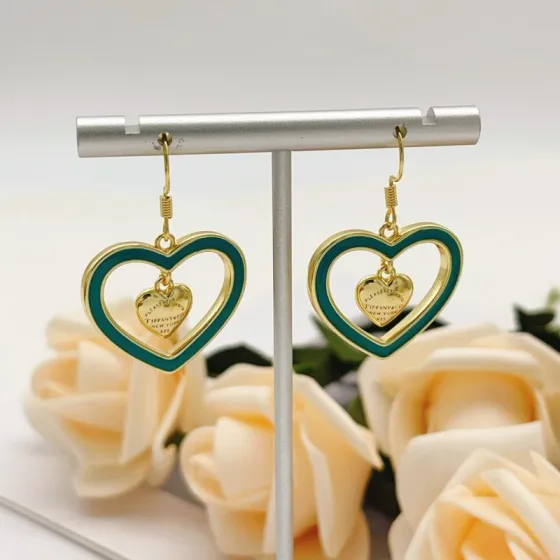 Tiffany Co Return to Tiffany Double Heart earrings gold-tone metal with teal enamel 3 5cm drop length
