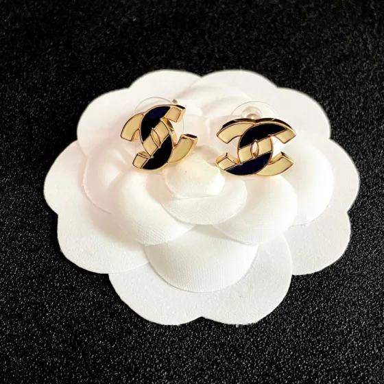 Chanel CC Logo Stud Earrings earrings gold-tone metal with cream and navy blue enamel 1 5cm stud diameter