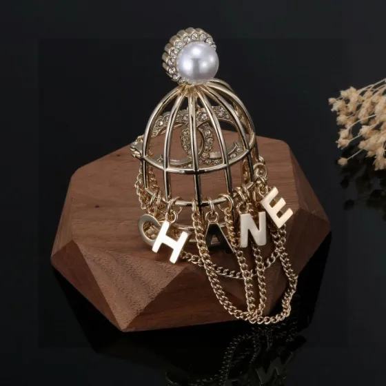 Chanel C Logo Birdcage Letter Charm Collection brooch light gold metal white faux pearl clear crystal 6cm