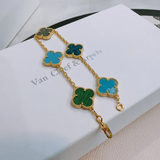 Van Cleef Arpels Alhambra bracelet Gold metal with multicolor clover inlays gray teal turquoise green 18cm