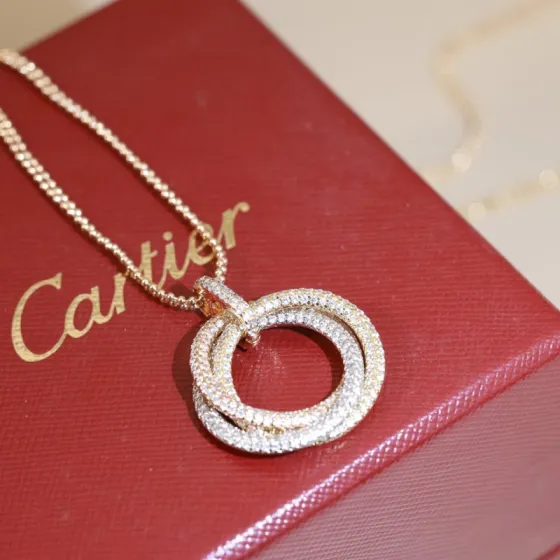 Cartier Trinity necklace Tri-tone gold yellow white rose gold with clear diamond pave 45cm
