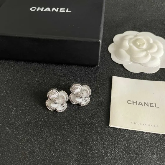 Chanel Camelia CC Stud Earrings earrings silver-toned metal white enamel clear crystal accents 1 5cm diameter