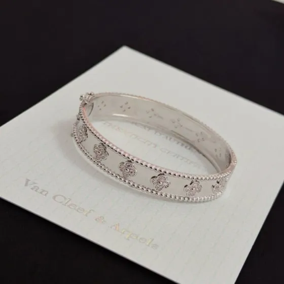Van Cleef Arpels Perlee Sweet Clovers bracelet 18k white gold with diamond accents 17cm inner circumference