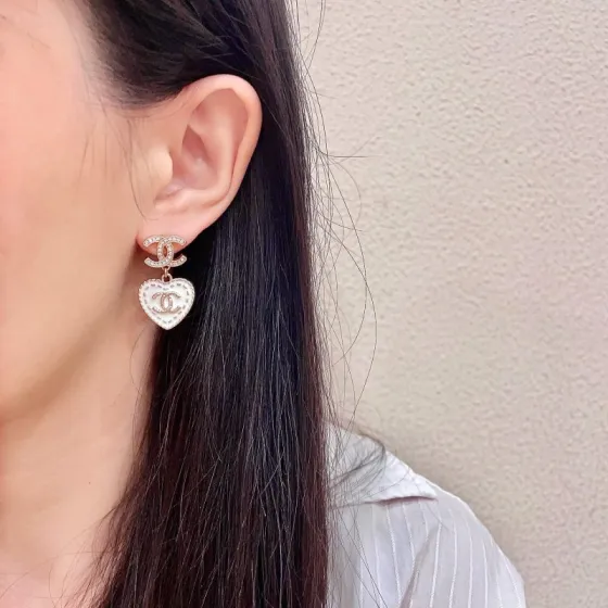 Chanel CC Heart Drop Earrings earrings light gold tone metal clear crystal white enamel 2 5cm drop length