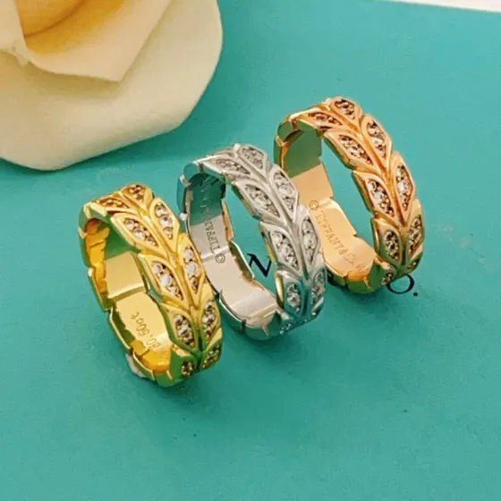 Tiffany TJ028 Leaf Diamond Band ring Yellow gold white gold rose gold with clear diamond accents 50