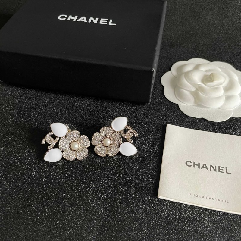 Chanel CC Camellia Crystal Pearl Stud Earrings earrings Light gold tone metal clear crystal pave white enamel white pearl center 2 2cm width per earring