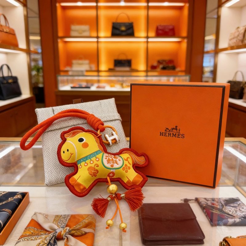Hermes Year of the Horse Lucky Horse Bag Charm pendant Yellow fabric with red trim orange cord silver-tone H hardware gold-tone bead accents orange and red tassels 12cm total length with strap