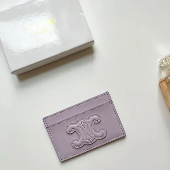 Celine Triomphe card holder light lavender smooth leather with matching tone embossed Triomphe logo 10 5 x 7cm
