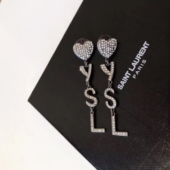 Saint Laurent YSL Logo Heart Drop earrings gunmetal-tone metal with clear crystal pave 6cm drop length