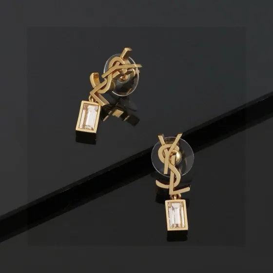 Saint Laurent Cassandre YSL Logo Crystal Drop earrings gold-tone metal with clear baguette-cut crystals silver-tone metal with clear baguette-cut crystals 2 2cm drop length