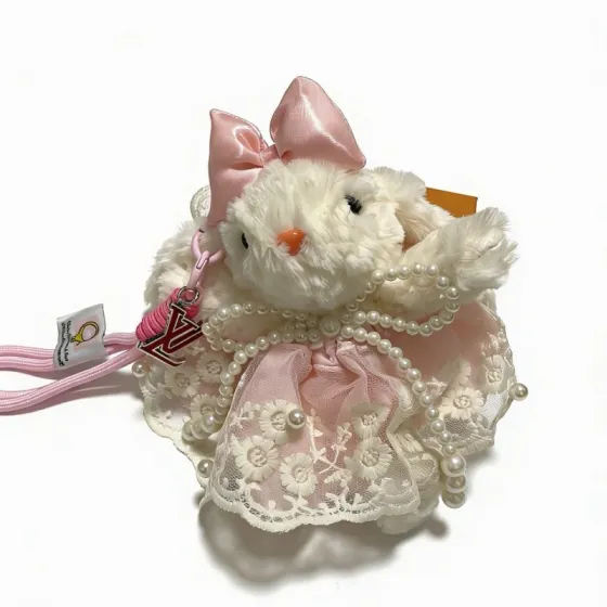 Louis Vuitton Anger Forest Bunny Charm pendant Pink enamel metal white faux pearl cream plush pink satin and lace 12cm total length with lanyard