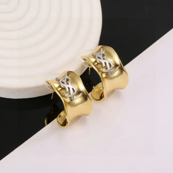 Saint Laurent Cassandre YSL Monogram Wavy Hoop earrings gold-tone metal with silver-tone YSL monogram 20mm hoop diameter