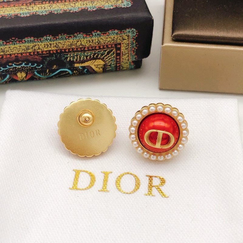 Dior Petit CD Pearl Trim Stud Earrings earrings gold-tone metal red resin center white faux pearl accents 1 8cm diameter