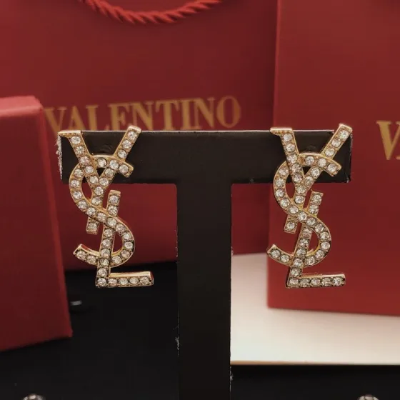 Saint Laurent YED0011 Cassandre Monogram earrings gold-tone metal with clear crystal rhinestones 3cm length