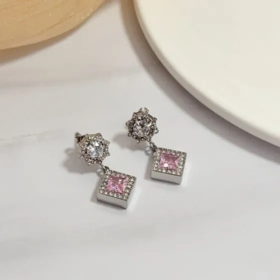 Piaget Sunlight Journey earrings silver-toned white gold with clear diamonds and pink square gemstones 1 5cm drop length