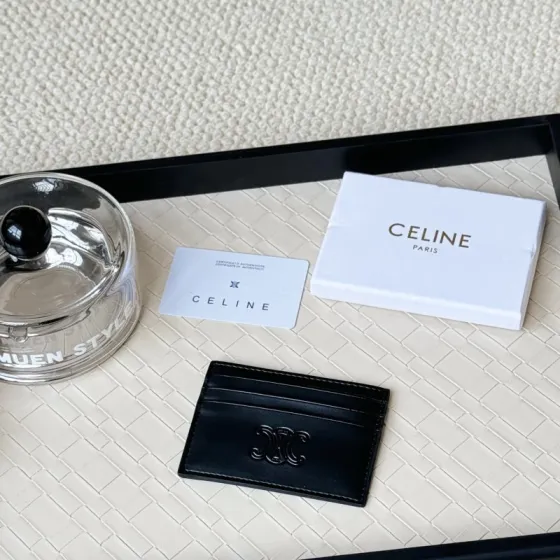 Celine Triomphe card holder Black smooth leather with black embossed Triomphe logo 10 5cm x 7