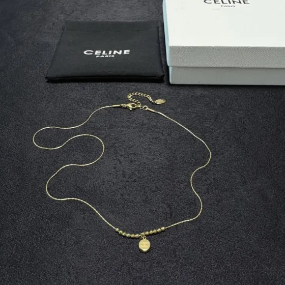 Celine Triomphe Round Pendant Beaded Chain necklace gold-tone metal 40cm with 5cm extender