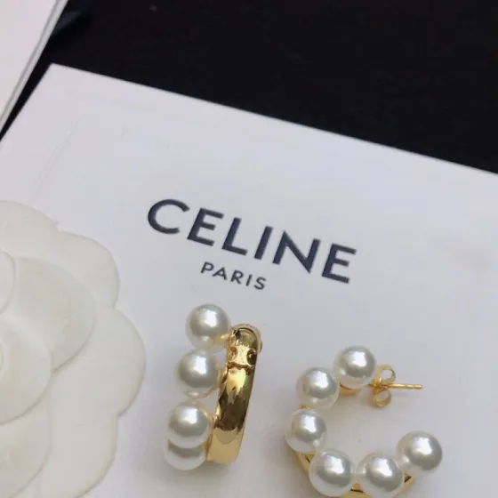 Celine Pearl Embellished Hoop Earrings earrings gold-tone metal with white imitation pearls 2cm hoop diameter