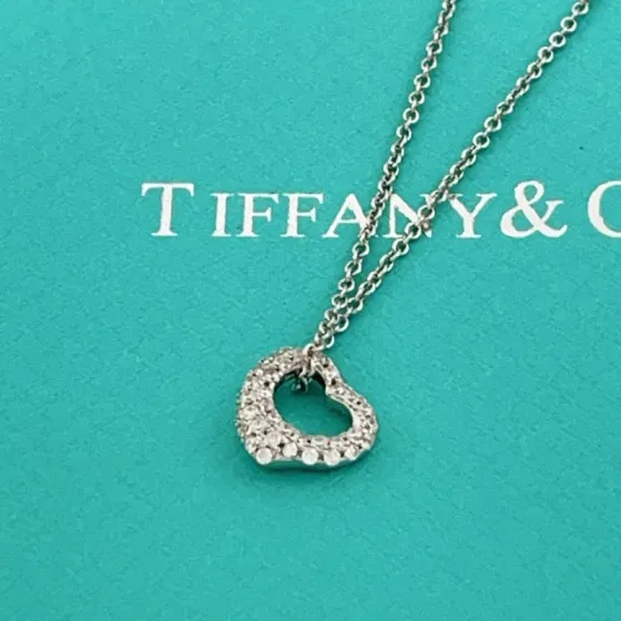 Tiffany Co Open Heart necklace sterling silver with clear diamond accents 16 inches